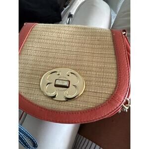 Emma Fox Coral Leather Straw Crossbody Saddle Bag Gold Hardware